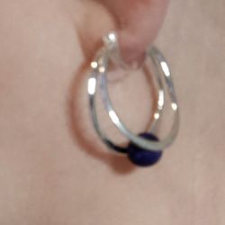 ABSTRACT -LAPIS LAZULI, DUO HOOP, STERLING SILVER , HYPOALLERGENIC, PIERCED EARRINGS.