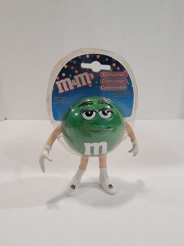 Green M&Ms Plastic Figure Container ~ 2002, Sealed, Hard Plastic & Rubber