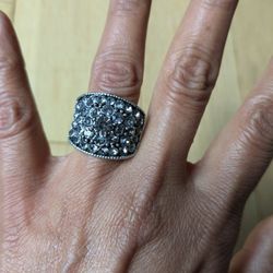 Vintage Antiqued Silver, Round Cut Rhinestones Ring 1.25". Hand Wrought, OneSize Adjustable. Classy Elegance!
