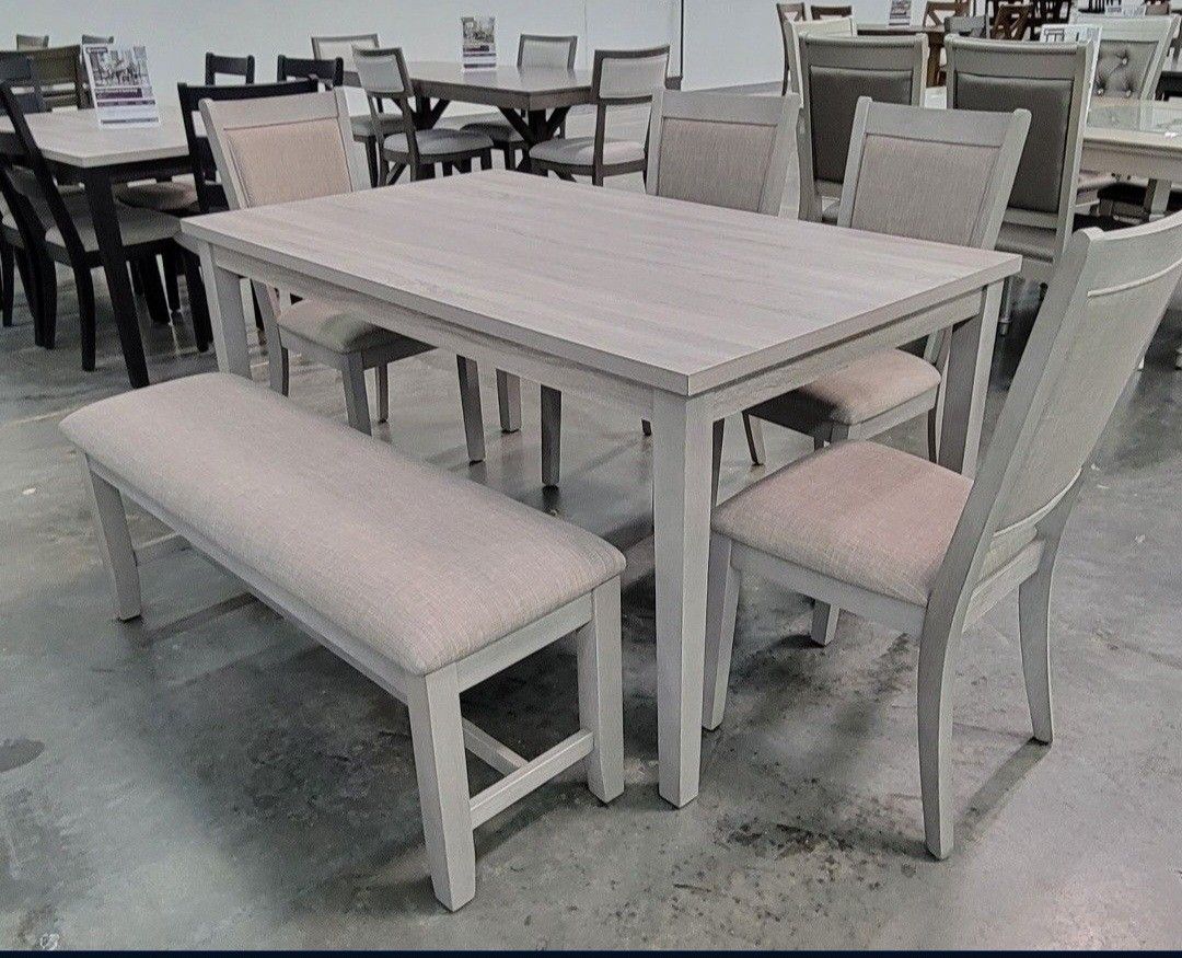 ✅️✅️6 pcs light grey finish wood dining table  set padded seat chairs and bench ✅️ 