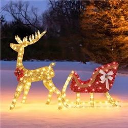 Lighted Christmas Reindeer & Sleigh Set, Pre-lit Outdoor Christmas Décor w/ 360 Warm White LED Lights For Front Yard, Porch, Indoor Decoration