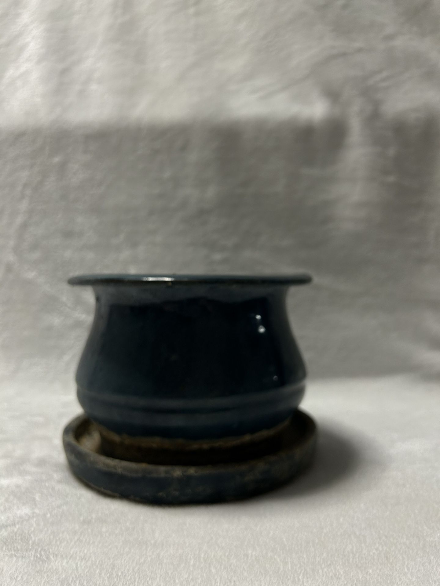 Blue small 6 inch ceramic planter pot with drainage saucer