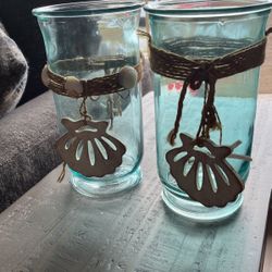 Glass Turquoise Sea Shell Candle Holders 