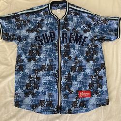 Supreme Kanji Camo Zip Up Baseball Jersey 'Blue