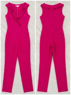 Trina Turk Women’s Pink Sleeveless Ruffle V-Neck Jumpsuit Size 10