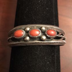 Vintage Navajo Sterling Silver Red Coral Cuff Bracelet 