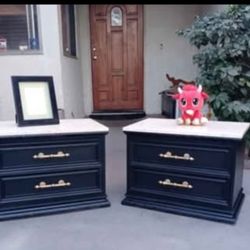 Pair Of Solid Wood Nightstands- 2 Drawers Each - Black With Natural Stone Tops 