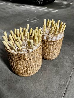 52 New/Unused Wedding Umbrellas + 2 Woven Baskets