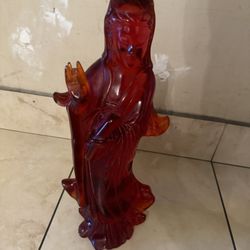 Ancient Chinese Red Amber Carved Kwan-yin Guan Yin Goddess Statue Sculpture