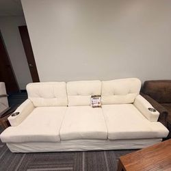 Cream Textured 3-Seat Sofa with Cup Holders