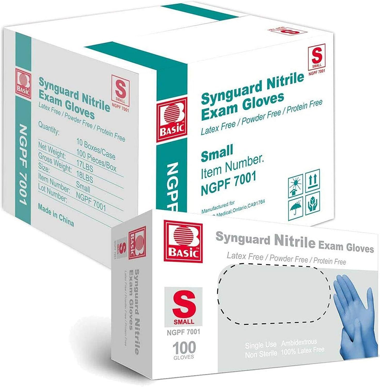 Rhino BASIC Blue Nitrile Exam Gloves - Latex-Free & Powder-Free - NGPF-7001 (Case of 1,000), Small

