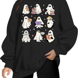 Ghost Reading Books Sweatshirts Women Spooky Season Sweater Cute Bookish Shirt Fall Pullover Tops（small）