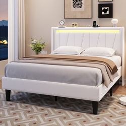 Queen Size Bed Frame with Charging Station & LED Light