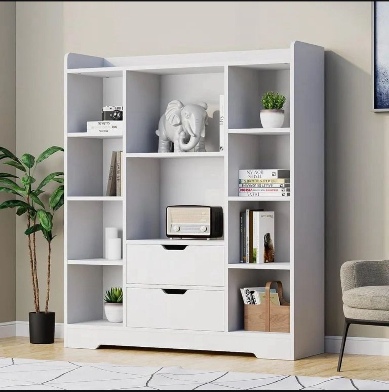 Modern 47” White Bookshelf w/ Storage Drawers – NEW
