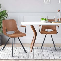Modern Upholstered Dining Chair With Arms, Performance Fabric Seat, Wood Frame Brown
