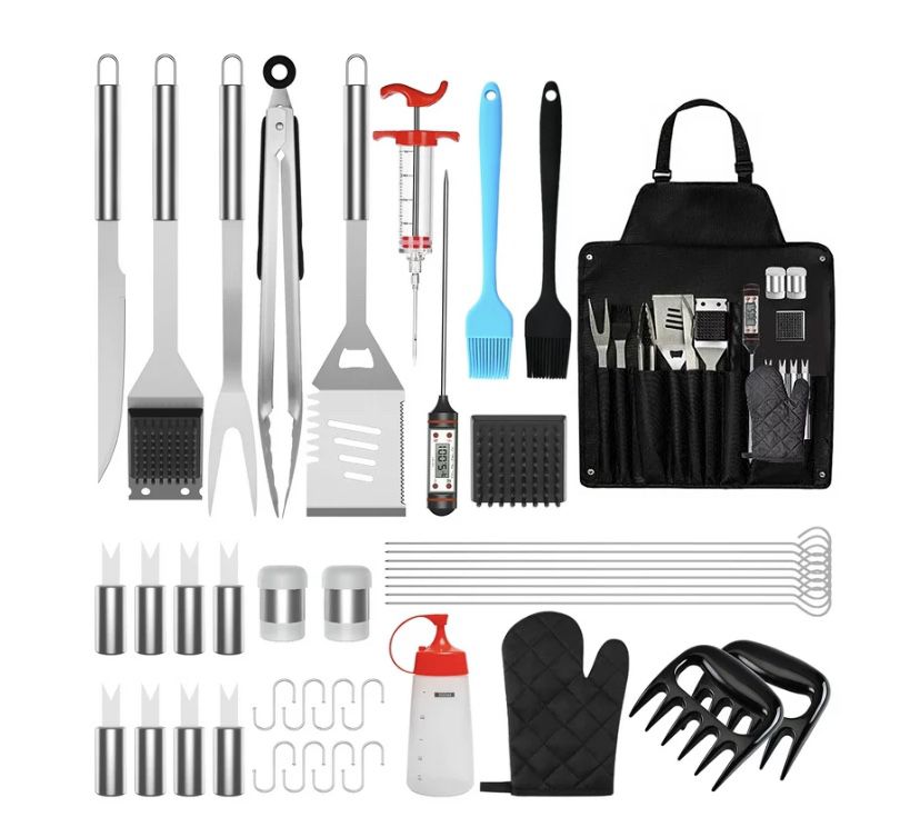 Grilling Accessories BBQ Grill Tool Set,Grill Utensils Set with Carry bag,Tong,Cleaning Brush,Spatula,Fork,Basting Brush for Men&Women,Stainless Steel
