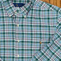 ✅ Green Plaid PONY Mens LARGE Ralph Lauren POLO Long Sleeve Collared Vintage Golf Dress Shirt L