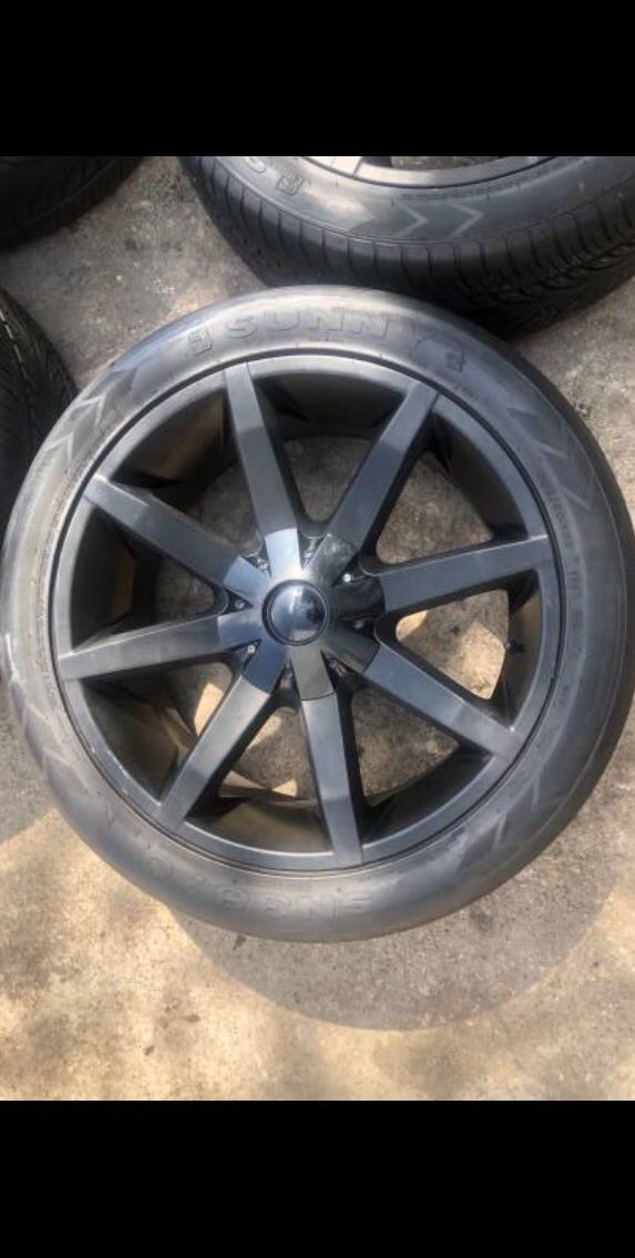 $450 rims with tires Black 22" KMC slides rims & tires. 5 Lug Universal Bolt pattern. Rims and tires in good conditionTrades are accepted.