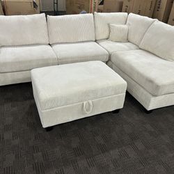 Cream Sectional W/ Storage Ottoman