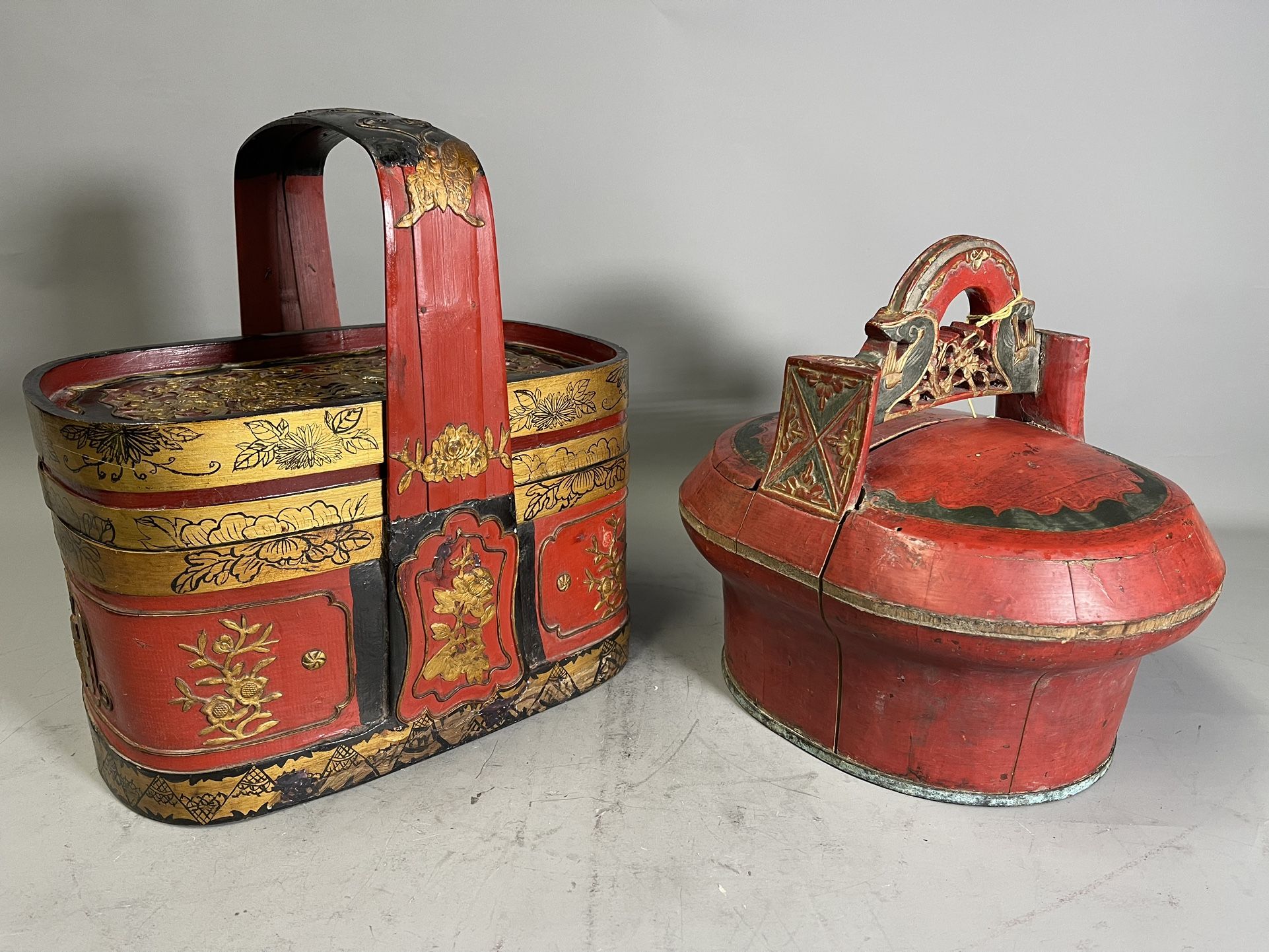 Two Early 20th Century Gilded & Red Lacquered Wood Wedding Baskets