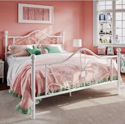 White butterfly pattern full size bed frame