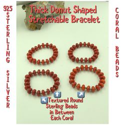 Q.T. 925 Sterling Silver Coral & STER Beads Stretchable Bracelet