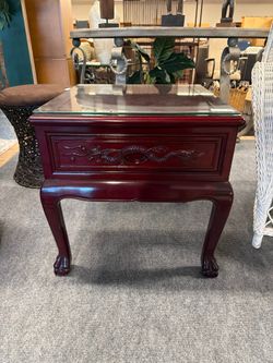 Mahogany Finish Oriental Style Nightstand with Carved Dragon