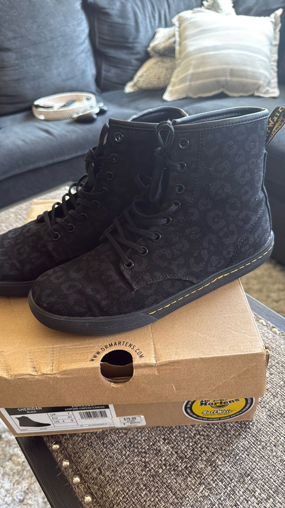 Dr. Martens Sheridan Black Leopard Print Canvas Boots Size 9