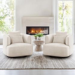 Set of 2 Upholstered Swivel Accent Chair with Curved Arm Chair Cozy Modern Swivel Living Room Chair，Oat Fabric 