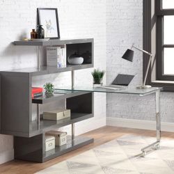 CHIC MODERN GRAY FINISH GLASS L SHAPE BOOKCASE SWIVEL FUNCTION HOME OFFICE DESK - ESCRITORIO