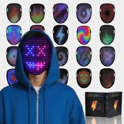 LED Gesture Sensing Light-Up Mask – USB-C Rechargeable, 50+ Patterns, Super Long 8H Runtime – Perfect for Halloween, Cosplay, Festivals, Party Costume