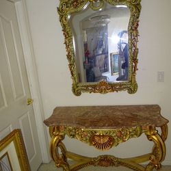 2 Pc Italian Marble Table , Vintage Mirror 