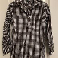 Talbots Non Iron Shirt Petite Size 2P Black White Metallic Plaid Long Sleeve