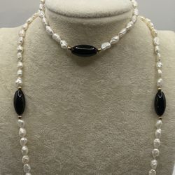 Necklace & Bracelet 14kt Gold Onyx & Freshwater Pearls