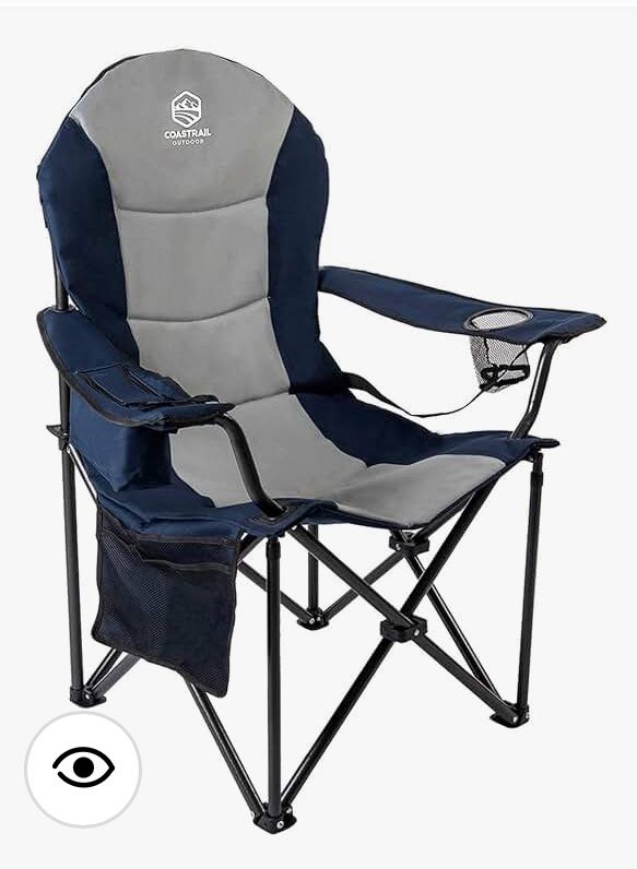 Outdoor Camping Chair Oversized Padded Folding Quad Arm Chairs with Lumbar Back Support, Cooler Bag, Cup Holder & Side Pocket, Extra Head Pocket, Supp
