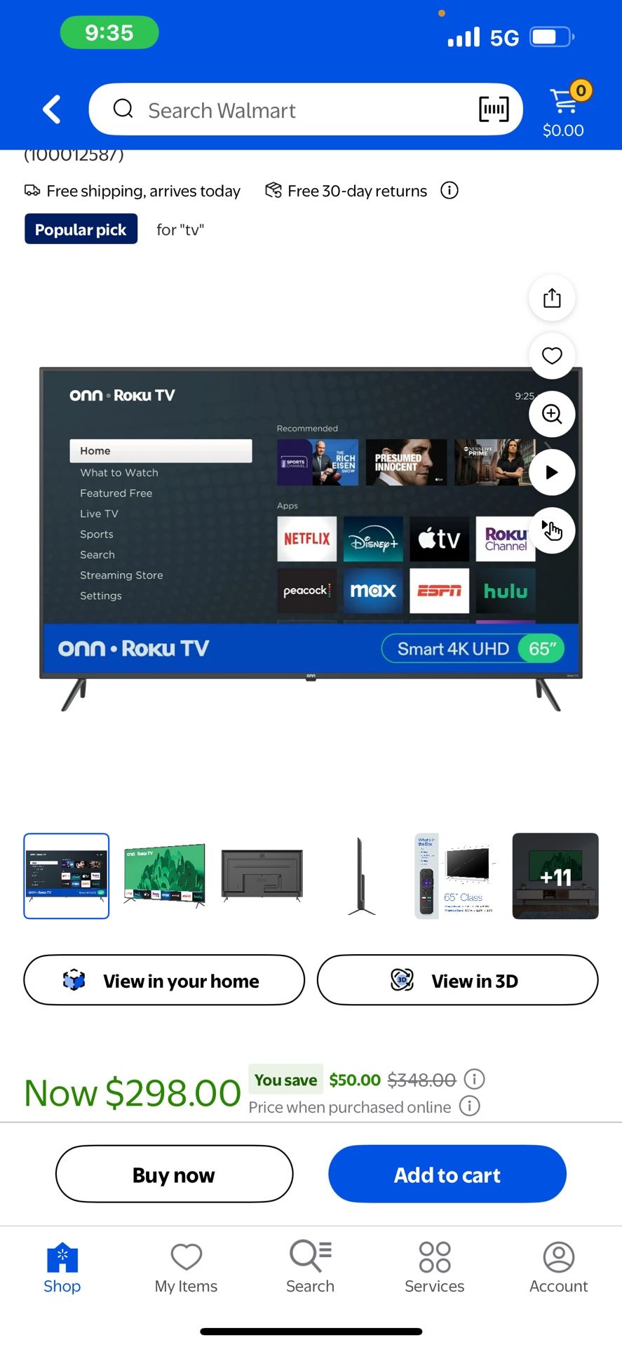 65” Onn Roku Smart Tv With Wall Mount