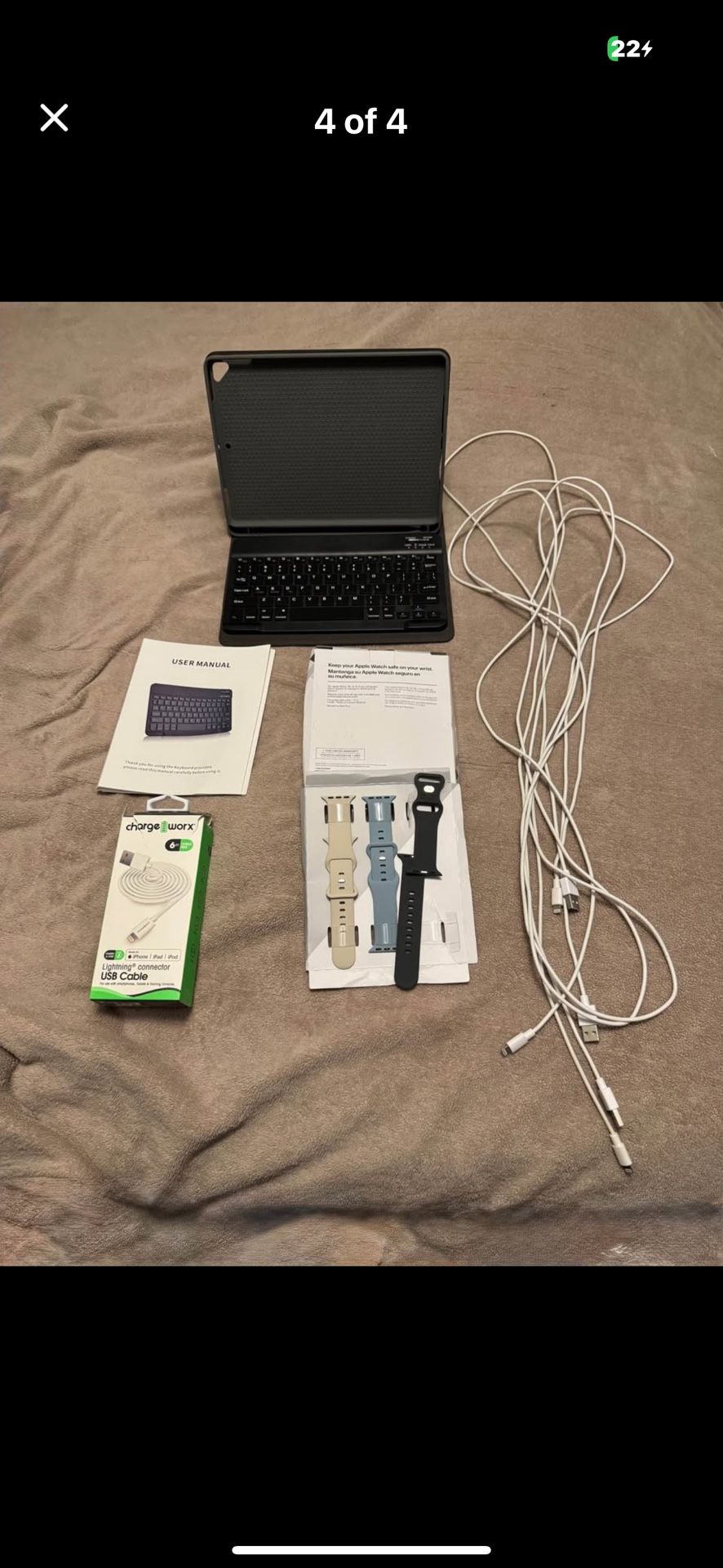 Silicone bands, chargers and iPad case with keyboard