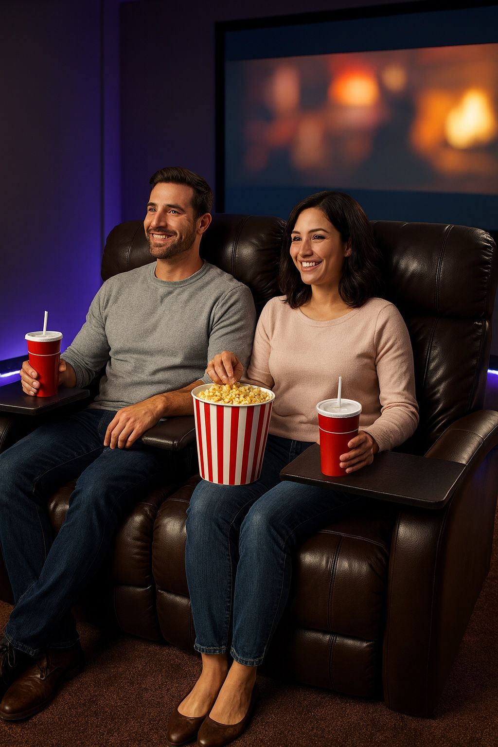 Top Quality Leather Recliners - Loveseat Pair With Tray Tables, Lights, Cup Holders, & Chargers