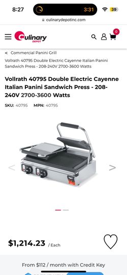 Vollrath 40795 Double Electric Cayenne Italian Panini Sandwich Press - 208- 240V 2(contact info removed) Watts