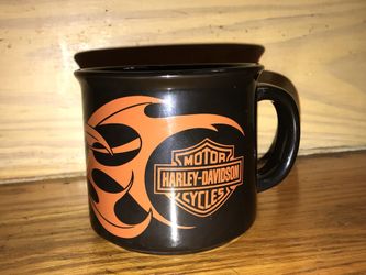 Harley Davidson Coffee Mug Cup Black w HD Logo And Flames Appx 3.5 x 4" VTG 2004