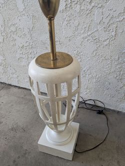 White Ceramic Cage Table Lamp with Brass Hardware