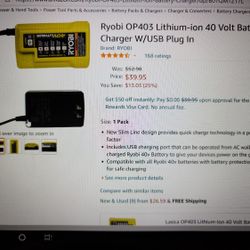 Ryobi OP403 Lithium Ion 40V Battery Charger USB Plug In