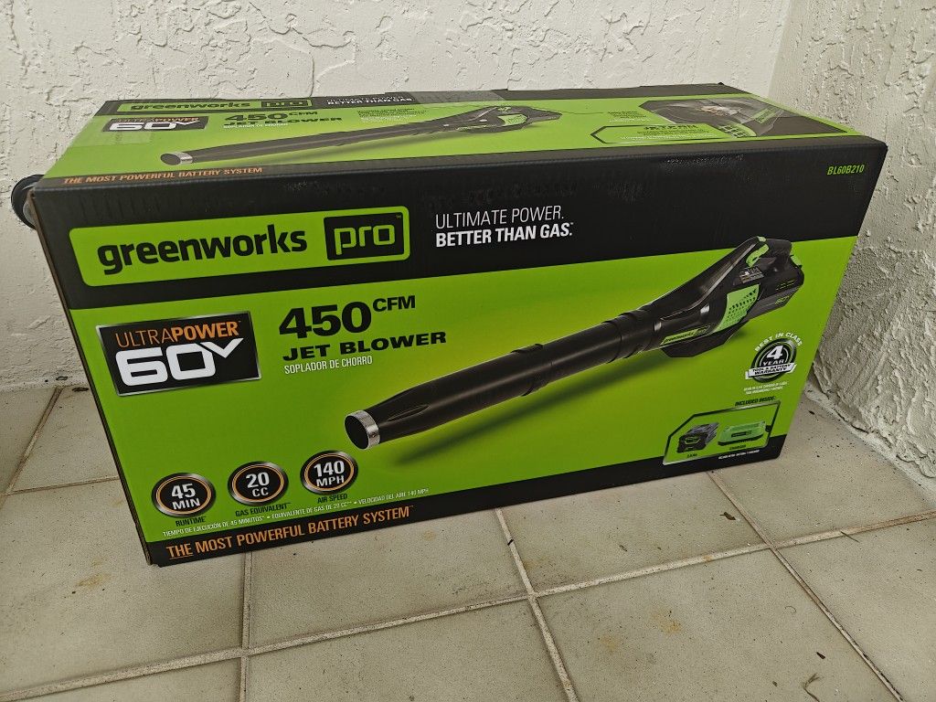 Greenworks 60V 450 CFM Cordless Leaf Blower, 2.0 Ah Battery and Rapid Charger
NEW sealed box 
60V AXIAL BLOWER : perfect for cleaning debris and lea