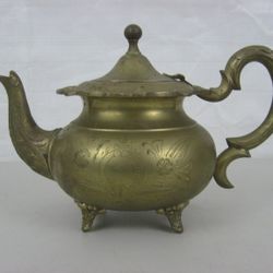 Vintage Brass Tea Pot Footed Etched Floral Design With Hinged Lid
