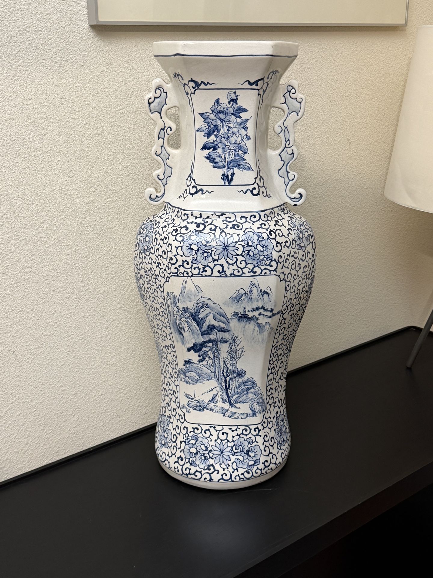 25” Vintage Chinoiserie Floor Vase - Blue and White