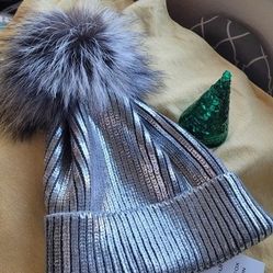 New Beanie Hat With Fur Pompom Silver Accents 