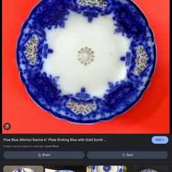 FLOW BLUE ALLERTON RACINE 6" PLATE STRIKING BLUE WITH GOLD SCROLL WORK