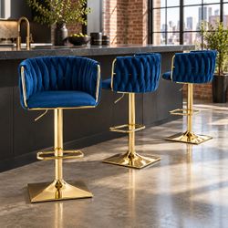 Set Of 3 - Blue Velvet Braided Back Swivel Bar Chairs (Bar Stools) w/ Gold Adjustable Base [NEW IN BOX] **Retails  For $300