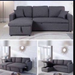 Living room set Sectional Sofa Pullout Bed W / Chaise Storage Fabric 88” X 57” x33”H. Reversible 