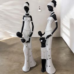 Elegant African Mother & Child Figurines Set of 2 – Black & White Tribal Home Decor